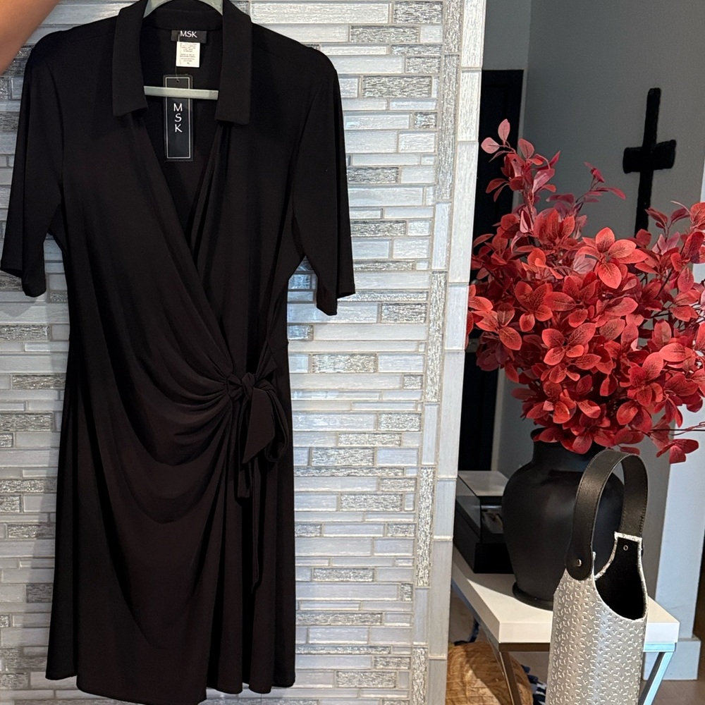 MSK Black Midi Wrap Dress with Side Knot - Picture 2 of 2